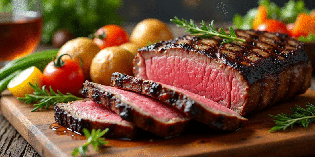 Côte de boeuf tranchée sur planche en bois rustique avec accompagnements