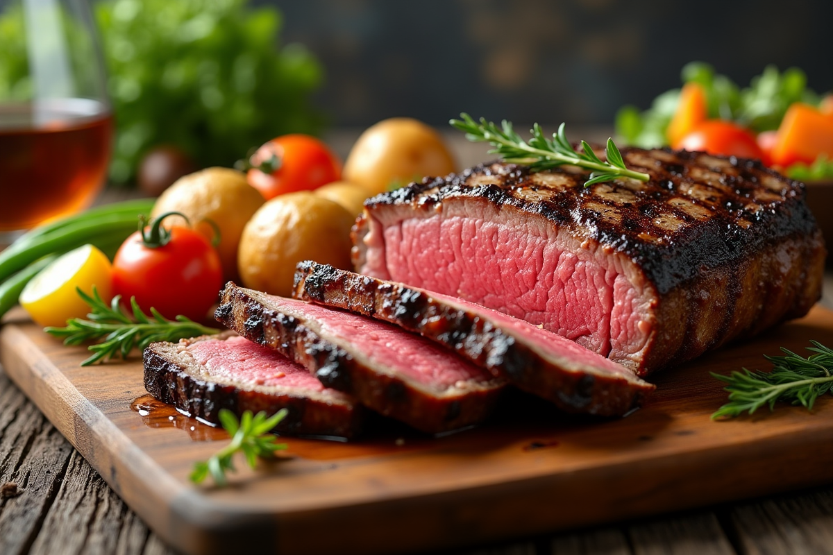 Côte de boeuf tranchée sur planche en bois rustique avec accompagnements
