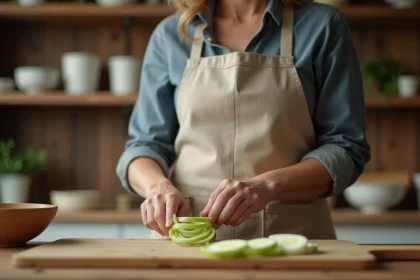 Femme coupant des poireaux en rondelles sur une planche en bois dans une cuisine rustique