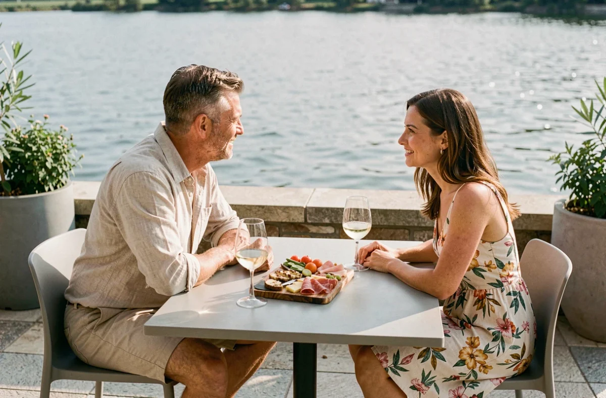 Couple en terrasse d'un restaurant au bord du lac de Bordeaux, apéritif et vue sur l'eau lors d'une soirée estivale