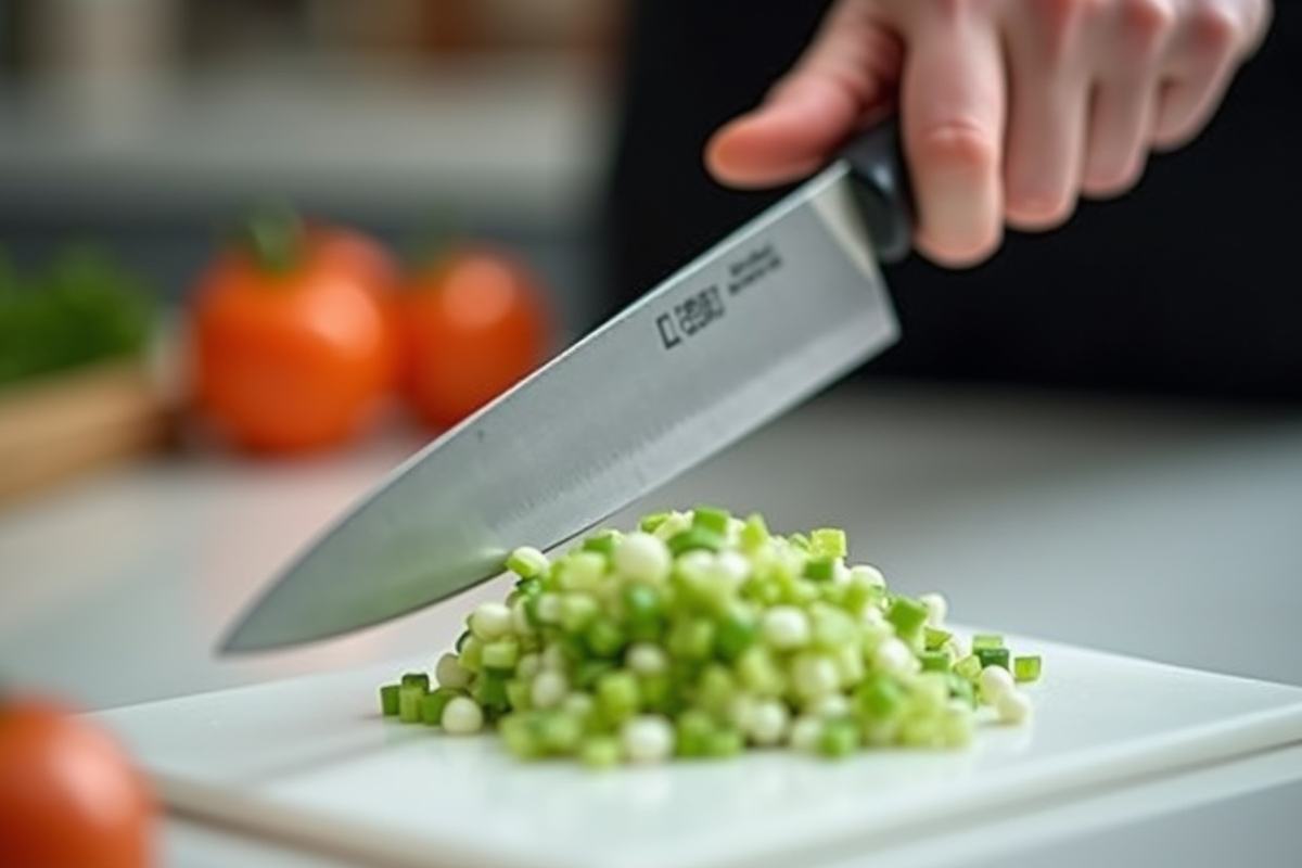Couteau japonais tranchant avec des oignons verts hachés sur un plan blanc