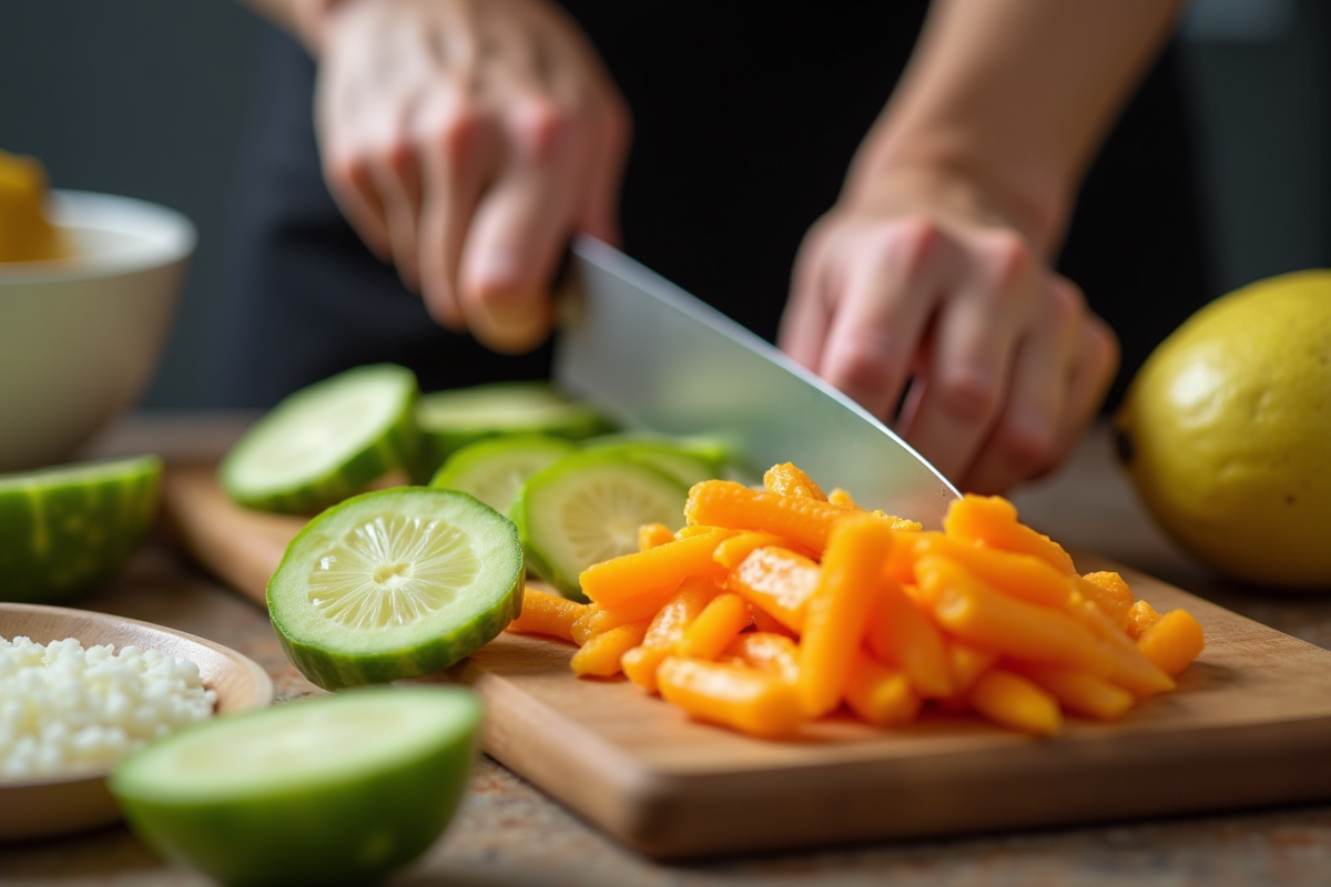 Chef coupant jicama et jackfruit sur planche rustique
