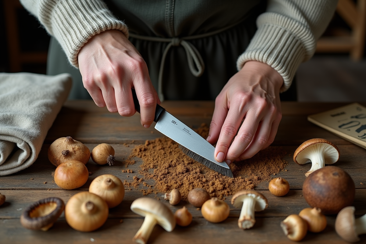 Mains tenant un couteau à champignons sur une table rustique