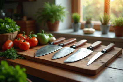 Sélection de couteaux japonais haut de gamme sur un plan de travail en bois