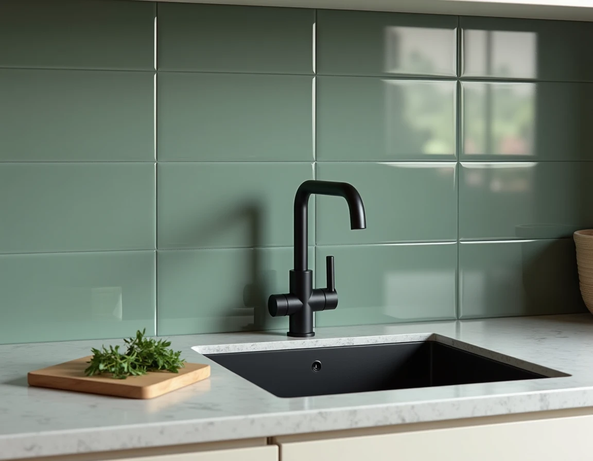 Gros plan sur une crédence cuisine IKEA en carrelage grand format vert sauge derrière un évier en inox avec plan de travail en quartz gris