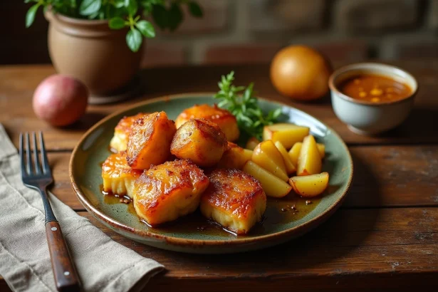 Crépinette de porc à l'ancienne servie avec pommes de terre rissolées sur une assiette en céramique rustique dans une cuisine campagnarde française