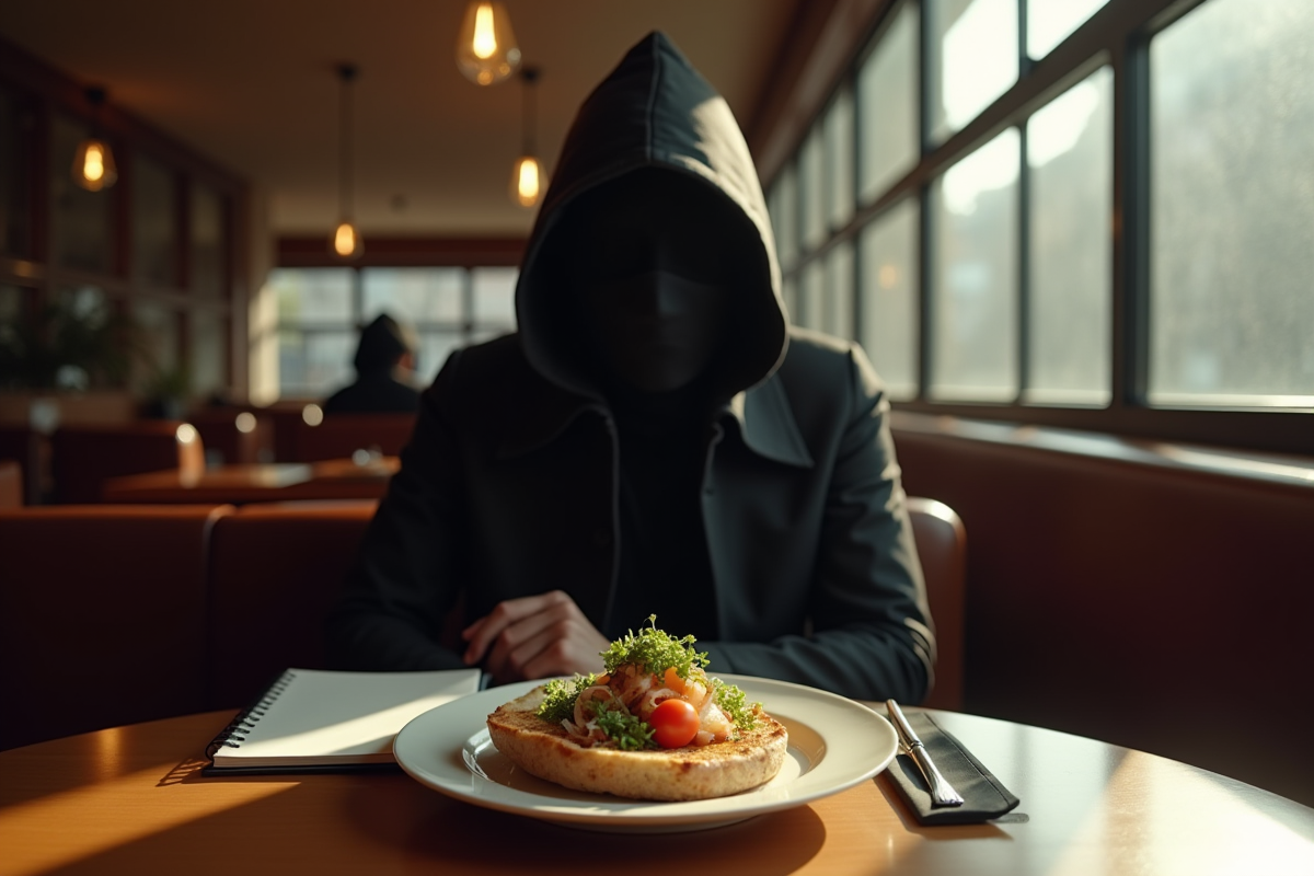 Critique gastronomique mystérieux dans un restaurant élégant