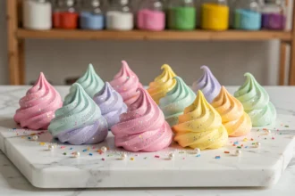 Crottes de licorne en meringue aux couleurs pastel arc-en-ciel sur un plateau en marbre blanc, décorées de paillettes comestibles holographiques