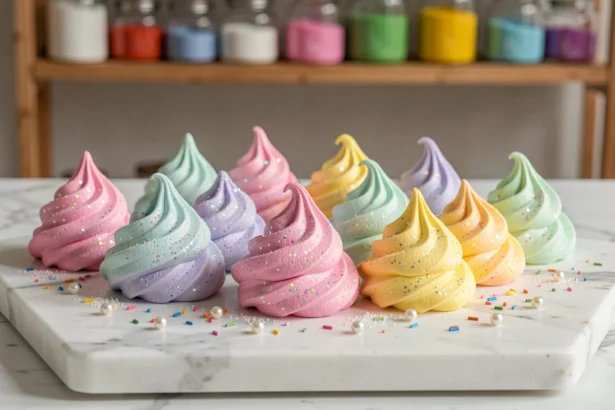 Crottes de licorne en meringue aux couleurs pastel arc-en-ciel sur un plateau en marbre blanc, décorées de paillettes comestibles holographiques