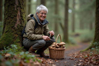 Femme cueillant un champignon dans la forêt humide