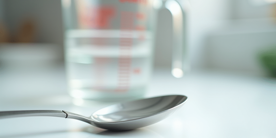 Cuillère en inox remplie d'eau sur plan de cuisine lumineux