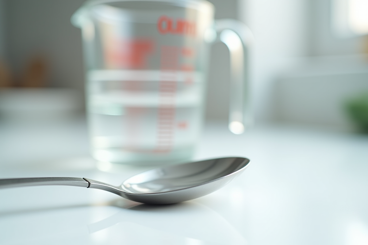 Cuillère en inox remplie d'eau sur plan de cuisine lumineux