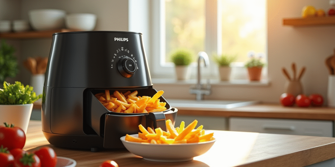 Cuisine moderne avec airfryer Philips et frites dorées