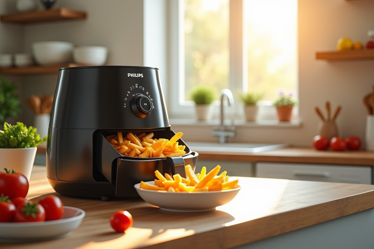 Cuisine moderne avec airfryer Philips et frites dorées