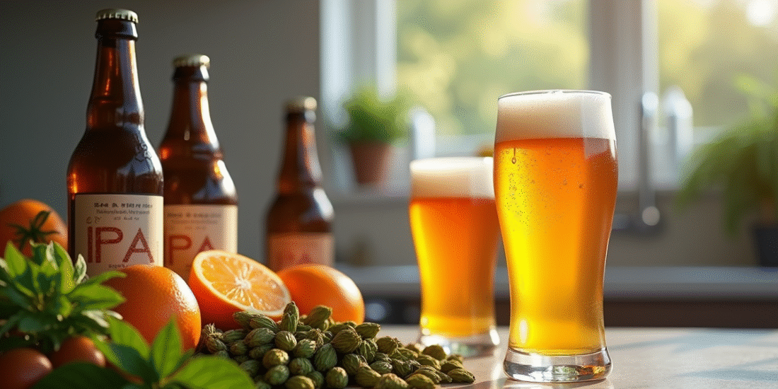 Plan de cuisine moderne avec bières IPA et ingrédients frais