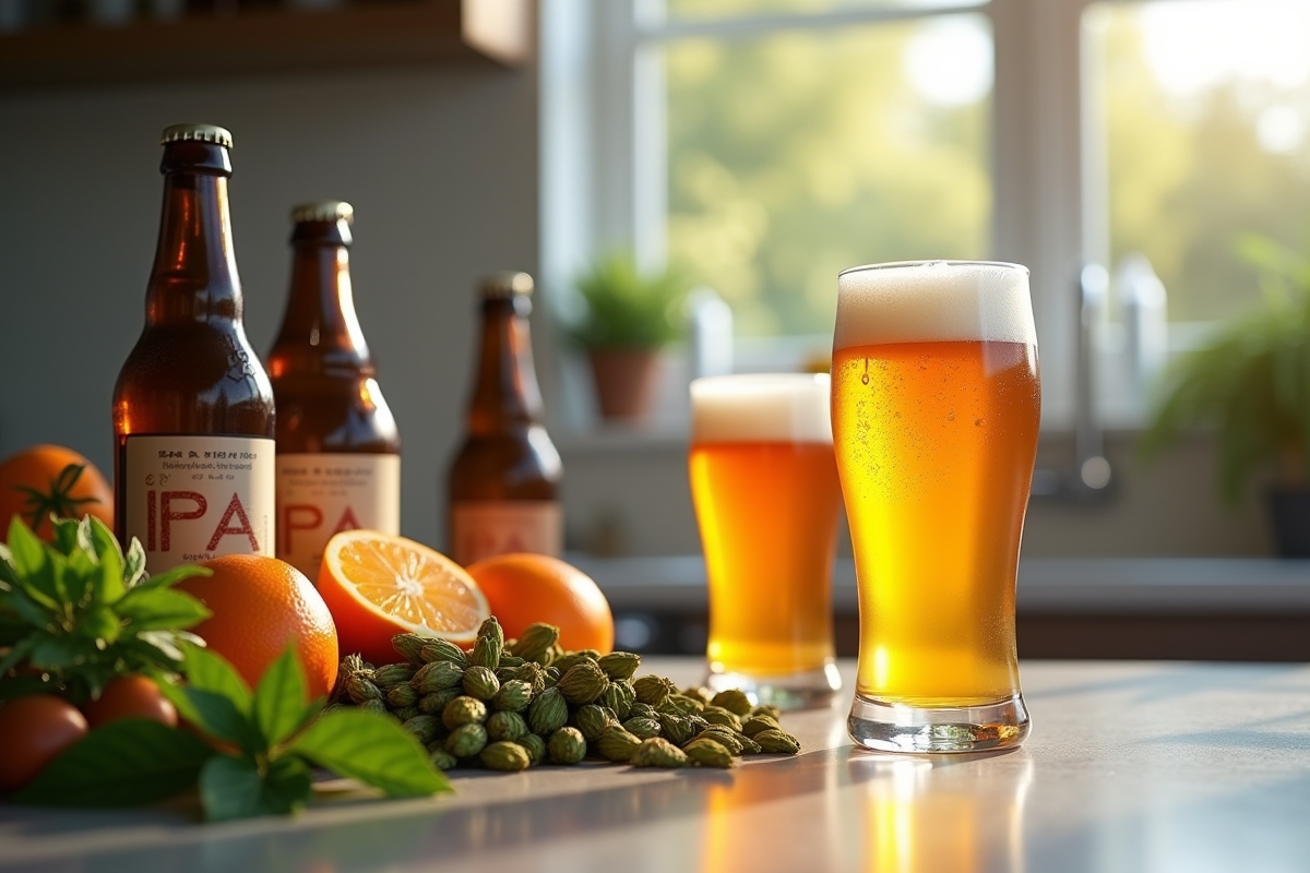 Plan de cuisine moderne avec bières IPA et ingrédients frais