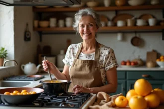 Femme en cuisine préparant de la confiture de quince
