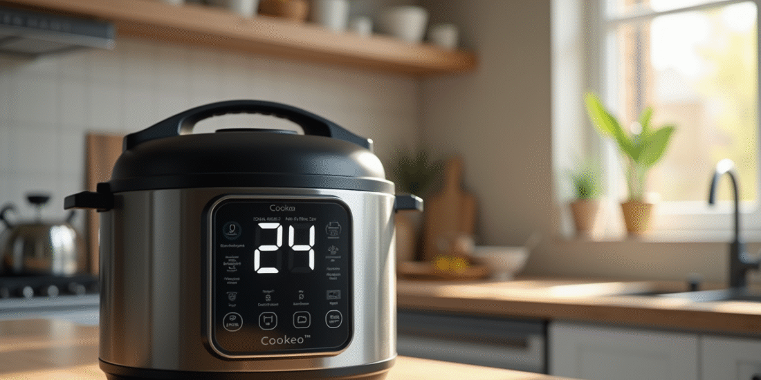 Plan rapproché d'une cuisine moderne avec un Cookeo affichant erreur 24