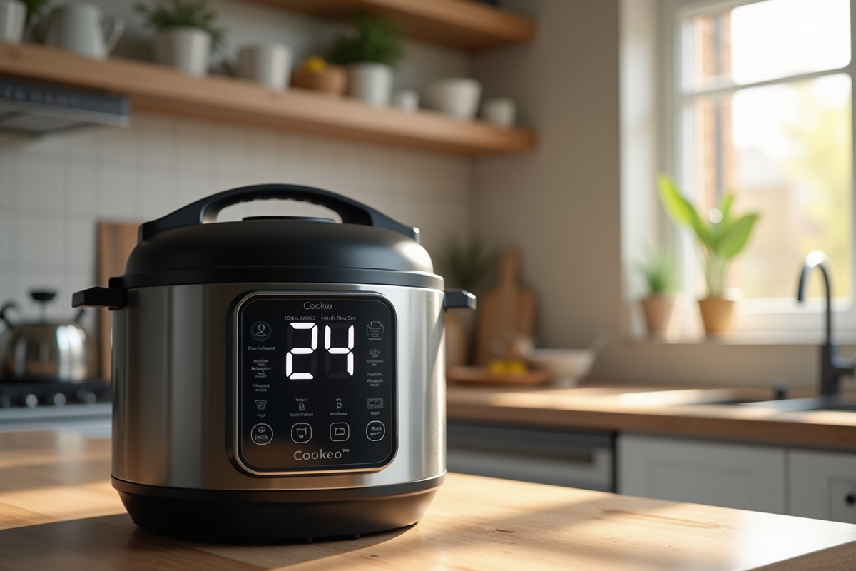 Plan rapproché d'une cuisine moderne avec un Cookeo affichant erreur 24