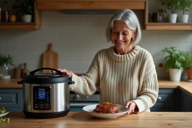Femme en pull servant du boeuf carotte dans une cuisine chaleureuse