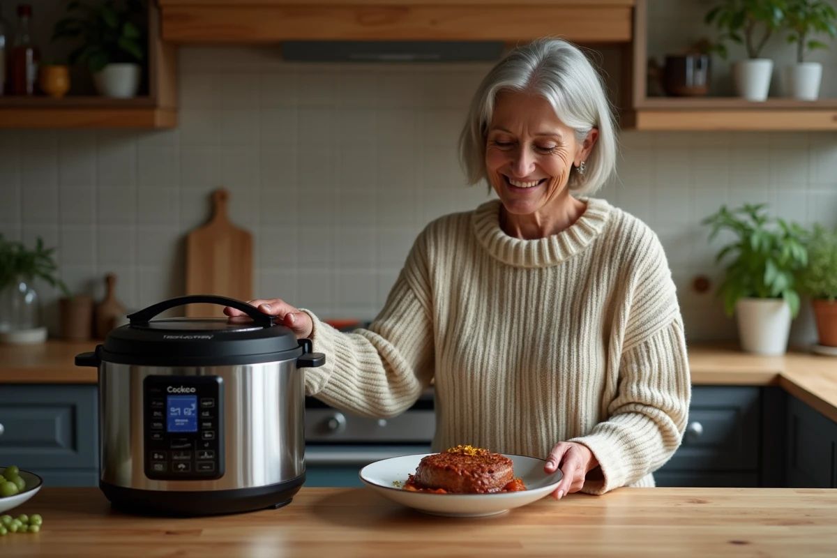 Femme en pull servant du boeuf carotte dans une cuisine chaleureuse
