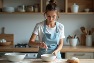 Femme en cuisine avec de la levure sèche et un tablier