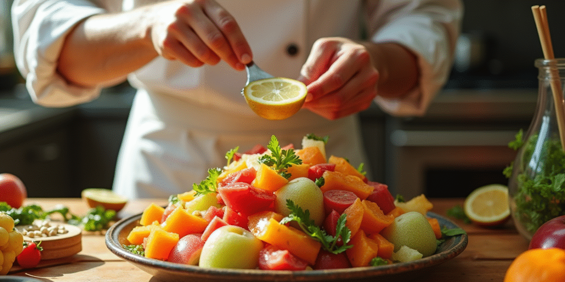 Cuisine avec chef préparant une salade de fruits exotiques