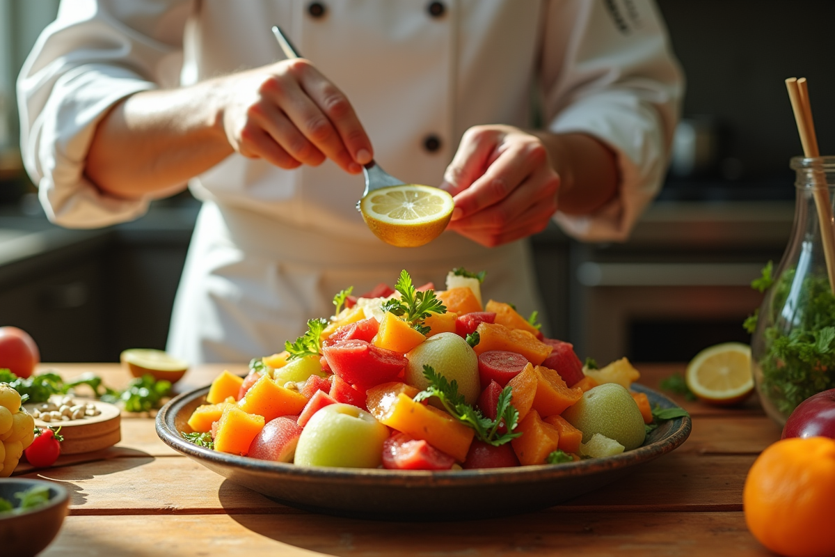 Cuisine avec chef préparant une salade de fruits exotiques