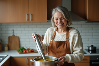 Femme en cuisine mélangeant soupe avec blender