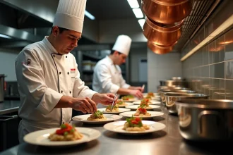 Scène dans une grande cuisine gastronomique française avec des chefs en toque blanche qui dressent des assiettes raffinées