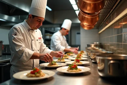 Scène dans une grande cuisine gastronomique française avec des chefs en toque blanche qui dressent des assiettes raffinées