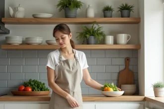Femme préparant des légumes dans une cuisine IKEA blanche avec crédence en carrelage métro gris et étagères ouvertes en bois clair