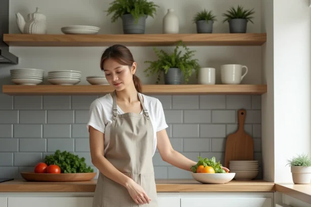 Femme préparant des légumes dans une cuisine IKEA blanche avec crédence en carrelage métro gris et étagères ouvertes en bois clair