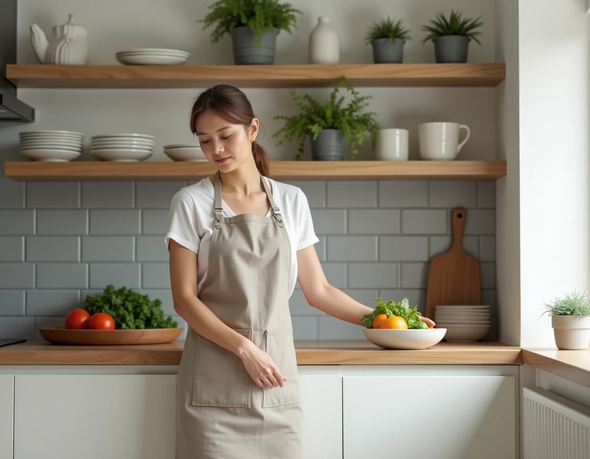 Femme préparant des légumes dans une cuisine IKEA blanche avec crédence en carrelage métro gris et étagères ouvertes en bois clair