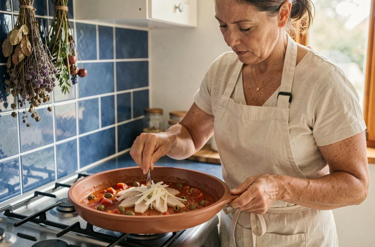 Femme cuisinant une julienne de poisson à la tomate et aux olives dans une poêle en terre cuite sur un fourneau, cuisine méditerranéenne en arrière-plan