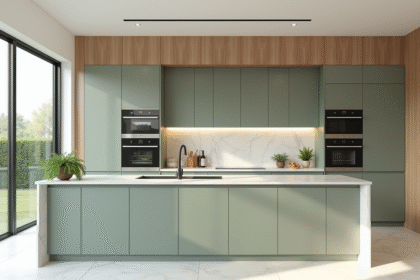 Cuisine moderne avec meubles vert sauge et marbre blanc