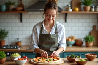 Femme préparant une pizza maison dans une cuisine chaleureuse