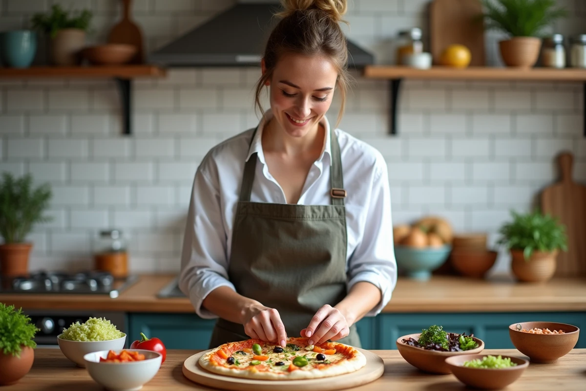 Femme préparant une pizza maison dans une cuisine chaleureuse