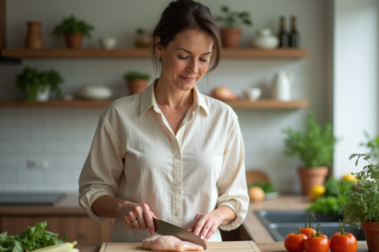 Femme préparant du poulet dans une cuisine moderne