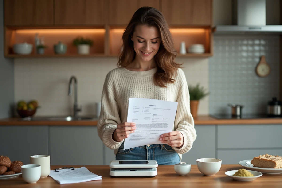 Femme en cuisine tenant une recette et utilisant une balance digitale