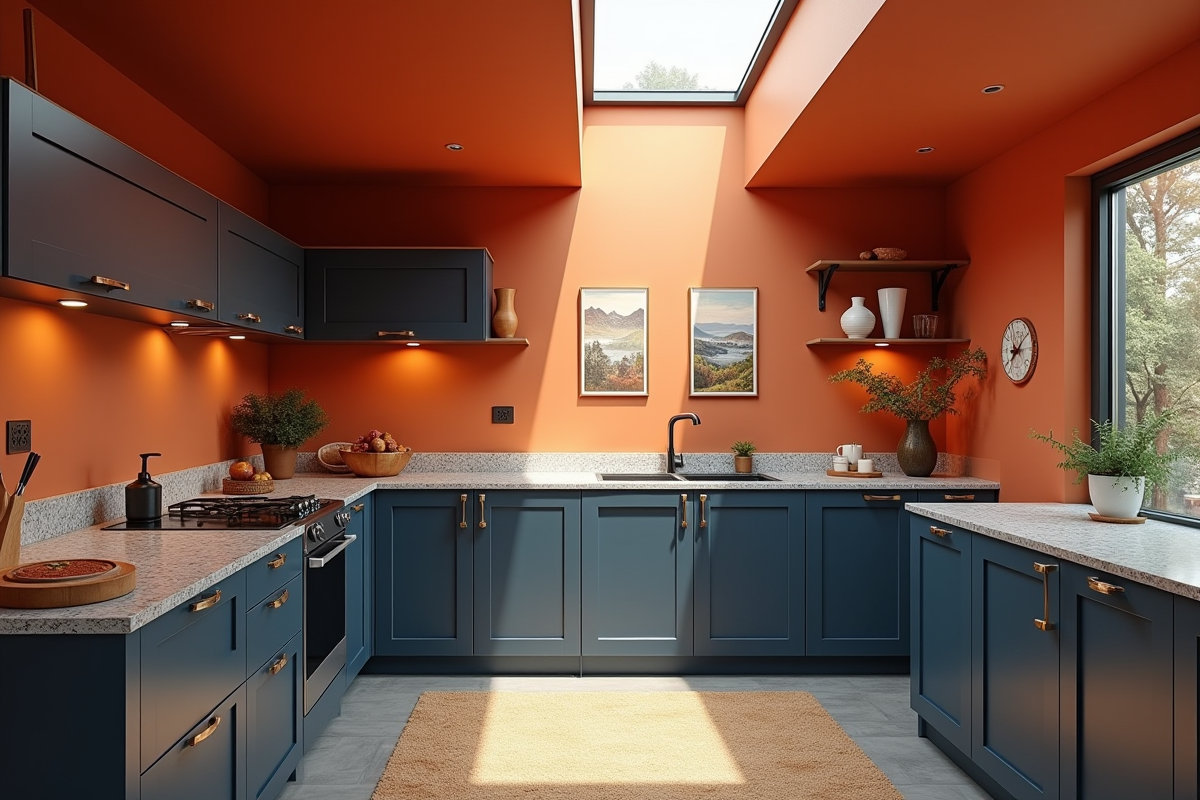 Cuisine contemporaine avec murs orange terracotta et meubles bleu marine
