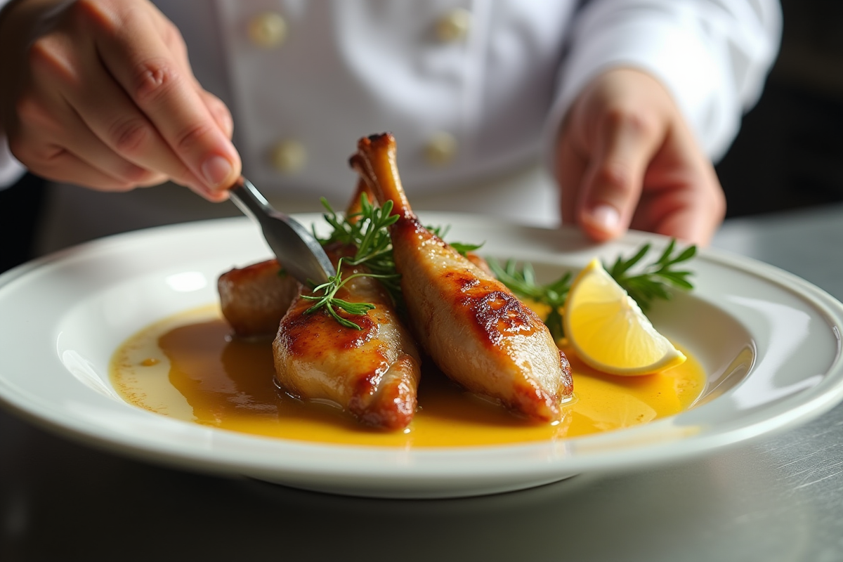 Cuisinier servant du lapin en sauce moutarde sur une assiette