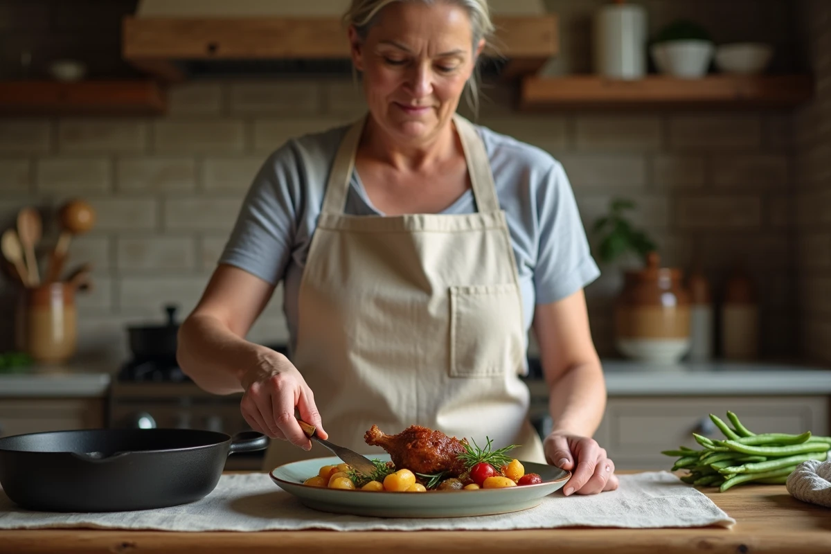 Cuisinière préparant une assiette de confit de canard allégé avec légumes rôtis dans une cuisine française traditionnelle