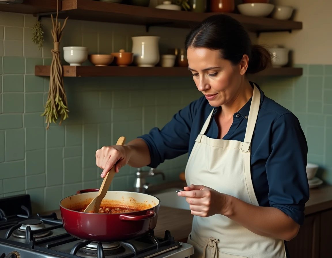 Femme cuisinant un goulash hongrois maison, remuant la cocotte avec une cuillère en bois dans une cuisine traditionnelle de style Budapest