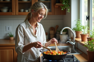 Femme d'âge moyen remuant un ragoût dans une cuisine chaleureuse