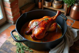 Cuisse de canard confite dans une cocotte en fonte avec jus de cuisson et thym frais sur table en bois rustique