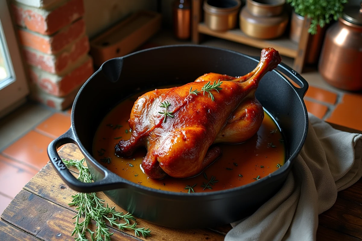 Cuisse de canard confite dans une cocotte en fonte avec jus de cuisson et thym frais sur table en bois rustique