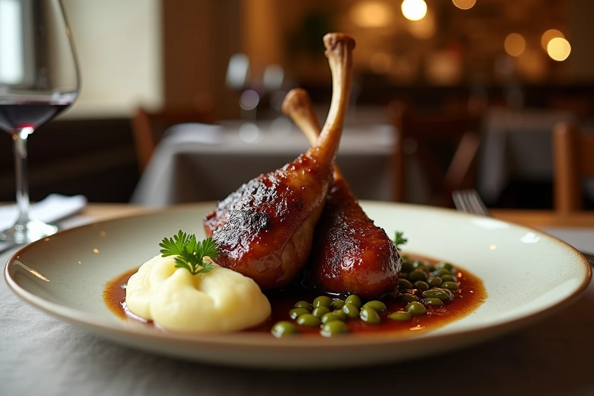 Cuisse de canard confite dressée sur assiette céramique avec purée et lentilles dans un décor de bistrot français