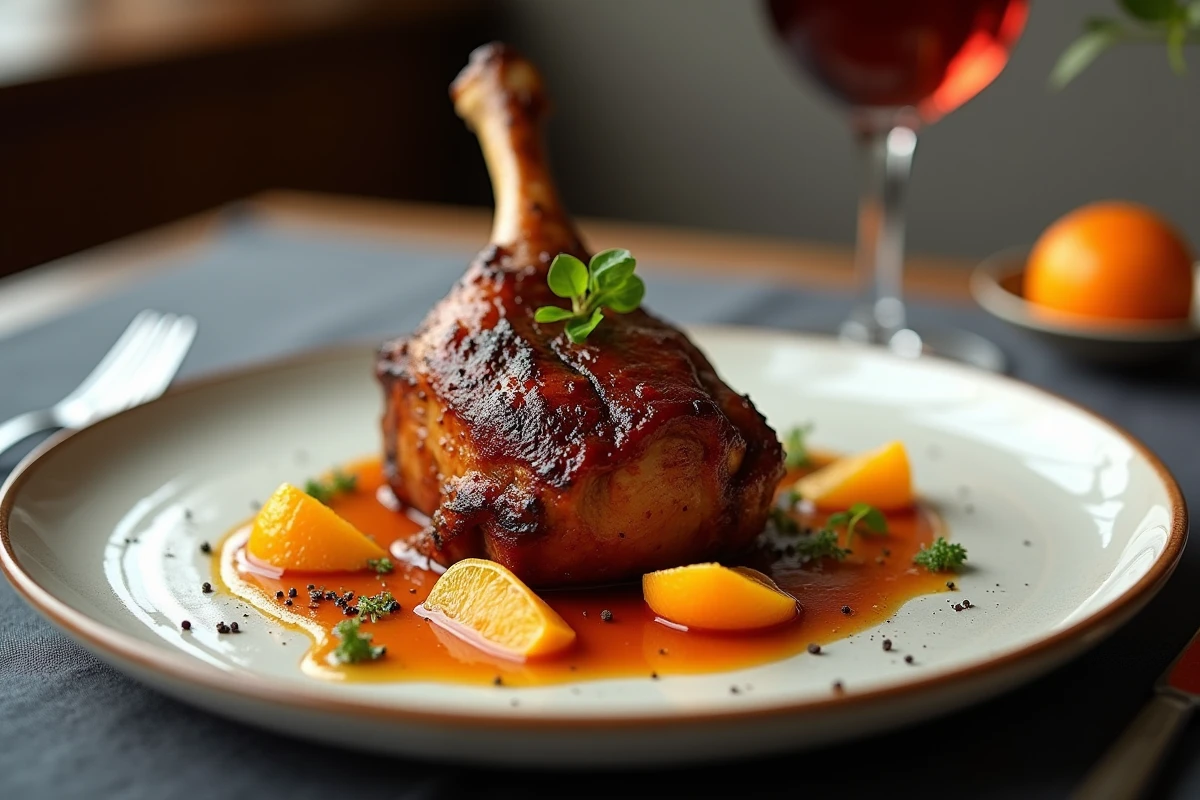 Cuisse de canard à l'orange dressée sur assiette avec réduction brillante et segments caramélisés dans un bistrot contemporain