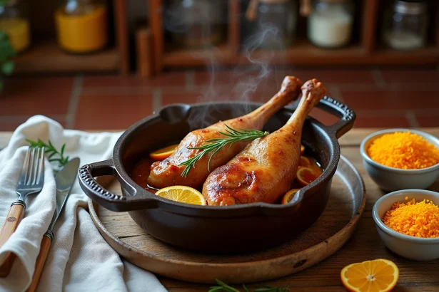 Cuisses de canard braisées à l'orange dans une cocotte en fonte rustique sur une table en chêne campagnarde